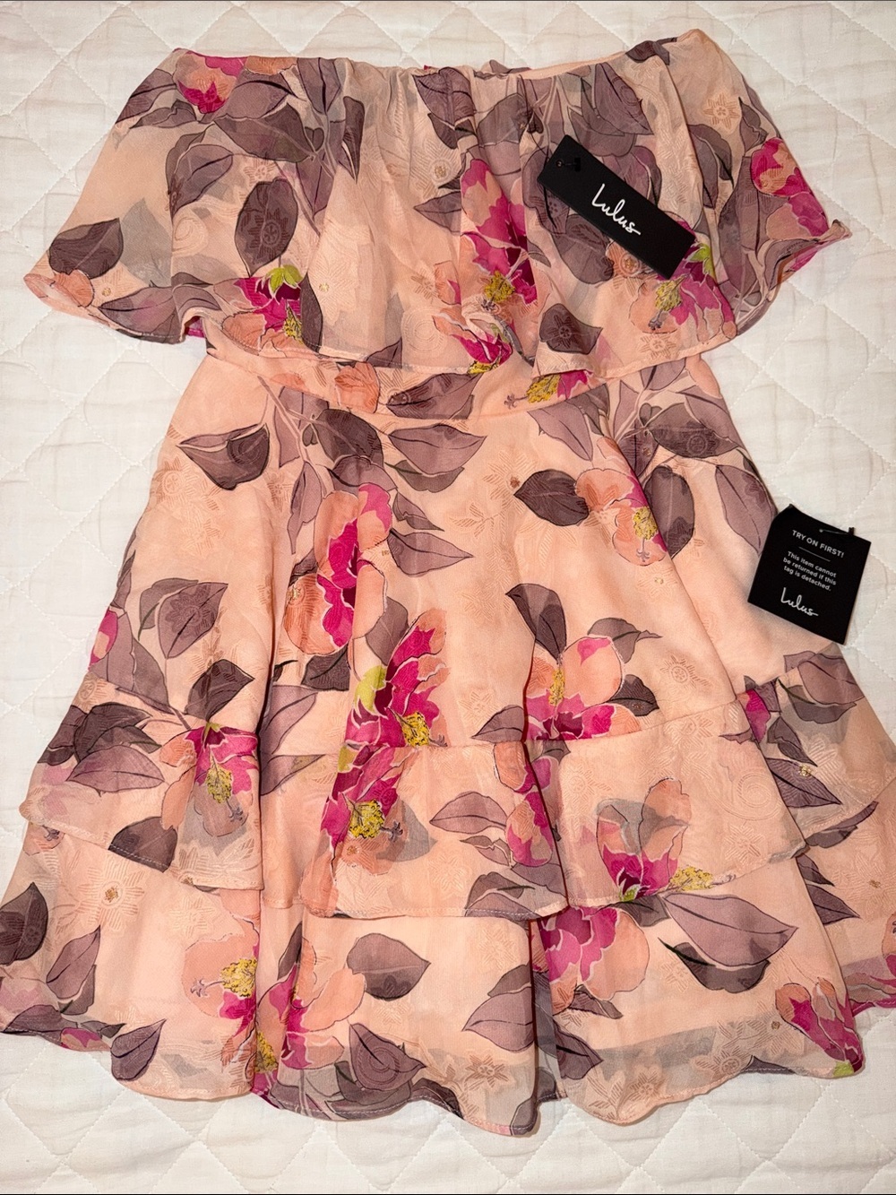 Lulu's Peach Floral Off-Shoulder Ruffle Dress